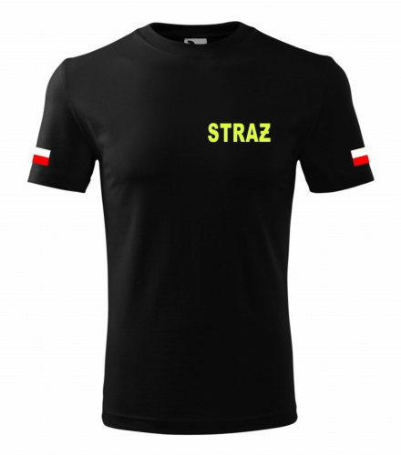 Koszulka Czarna Męska Straż Fluo Nadruk 2 Flagi