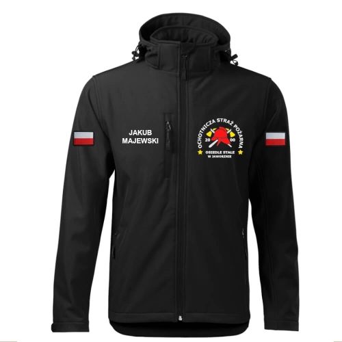 Czarna Kurtka Softshell Strażacki Personalizacja Termotransfer DTF Membrana Kaptur