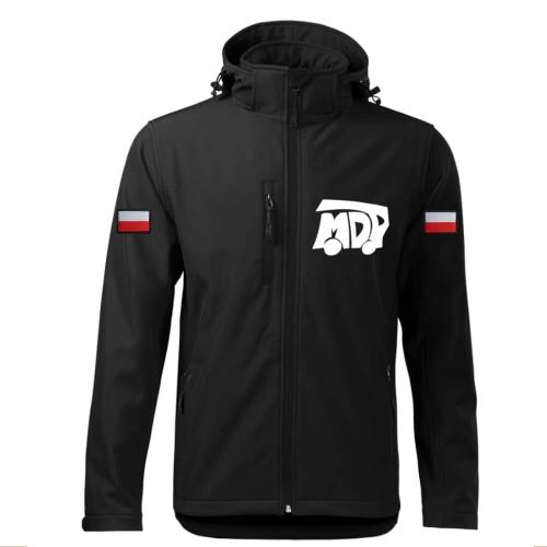 Czarna MDP Kurtka Softshell Strażacki Personalizacja Termotransfer DTF Membrana Kaptur