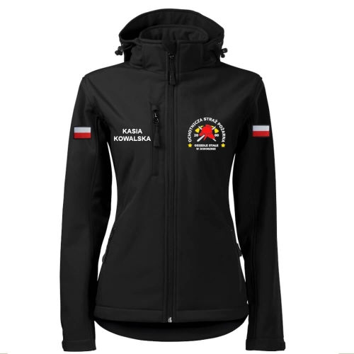 Czarna Damska Kurtka Softshell Strażacki Personalizacja Termotransfer DTF Membrana Kaptur