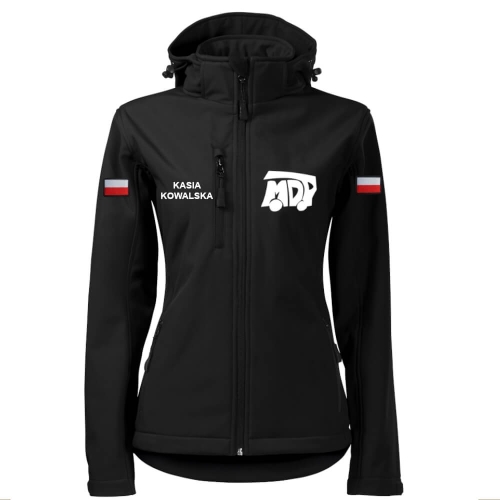 Czarna Damska MDP Kurtka Softshell Strażacki Personalizacja Termotransfer DTF Membrana Kaptur